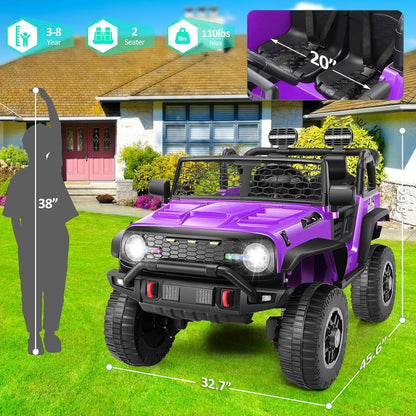 24V Two Seater Ride on Jeep Car with Remote Control, Kids Electric Vehicles, 4×100W Power Motors, 4WD/2WD Switchable, 24Volt Ride on Toys for Big Kids, Shovel, Horn/Bluetooth/Usb, Purple