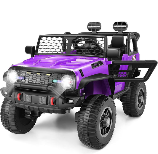 24V Two Seater Ride on Jeep Car with Remote Control, Kids Electric Vehicles, 4×100W Power Motors, 4WD/2WD Switchable, 24Volt Ride on Toys for Big Kids, Shovel, Horn/Bluetooth/Usb, Purple