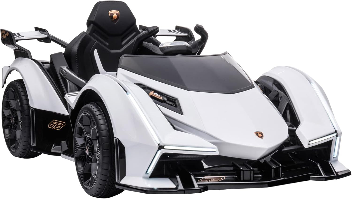 12V Electric Ride-On Car, Licensed Lamborghini V12 Vision Gran Turismo Battery-Powered Ride-On Toy with Remote Control, Music, LED Lights, for 3-6 Year Old Boys and Girls, White