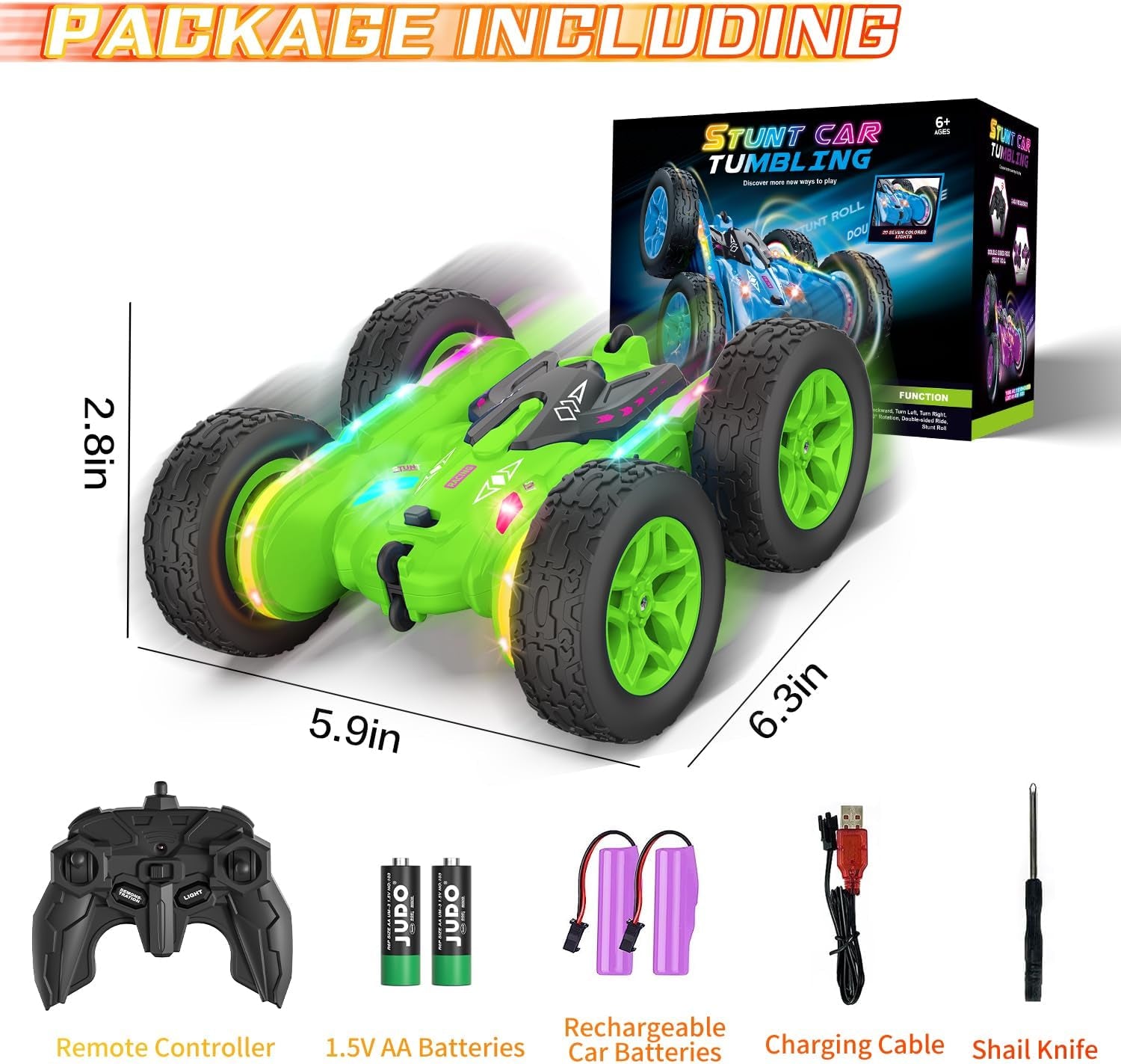 Remote Control Car, Rc Cars Stunt RC Car Toys Upgraded Strip Lights and Headlights Car Toys Double-Sided 360° Rotating 4WD Rc Drift Truck for Boys Girls Birthday Gift (Green)