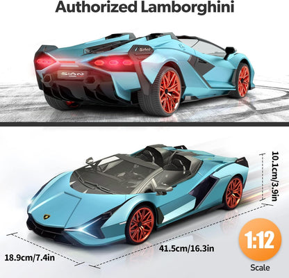 Lamborghini Remote Control Car, 1:12 Scale Lambo Toy Car 7.4V 900Mah Officially Licensed 12Km/H Fast Rc Cars with Led Light 2.4Ghz Model Car for Adults Boys Girls Birthday Ideas Gift - Blue