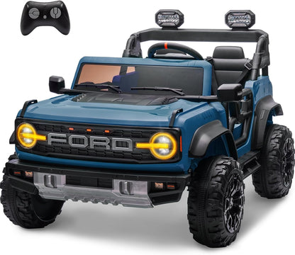 2 Seater Ride on Car for Kids, 24V Licensed Ford Bronco Raptor Electric Power Ride on Truck Toy with Remote Control, 4 Wheels Shock Absorption, Soft Start, Bluetooth, Radio, 3 Speed - Blue