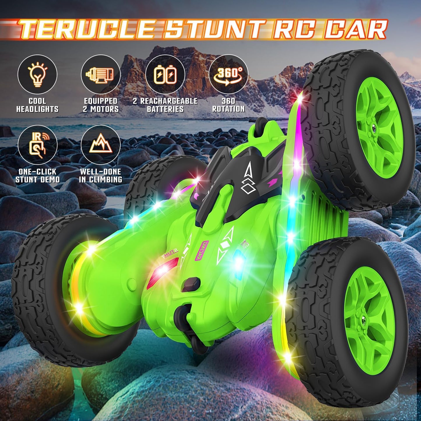 Remote Control Car, Rc Cars Stunt RC Car Toys Upgraded Strip Lights and Headlights Car Toys Double-Sided 360° Rotating 4WD Rc Drift Truck for Boys Girls Birthday Gift (Green)