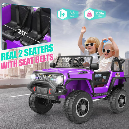 24V Two Seater Ride on Jeep Car with Remote Control, Kids Electric Vehicles, 4×100W Power Motors, 4WD/2WD Switchable, 24Volt Ride on Toys for Big Kids, Shovel, Horn/Bluetooth/Usb, Purple