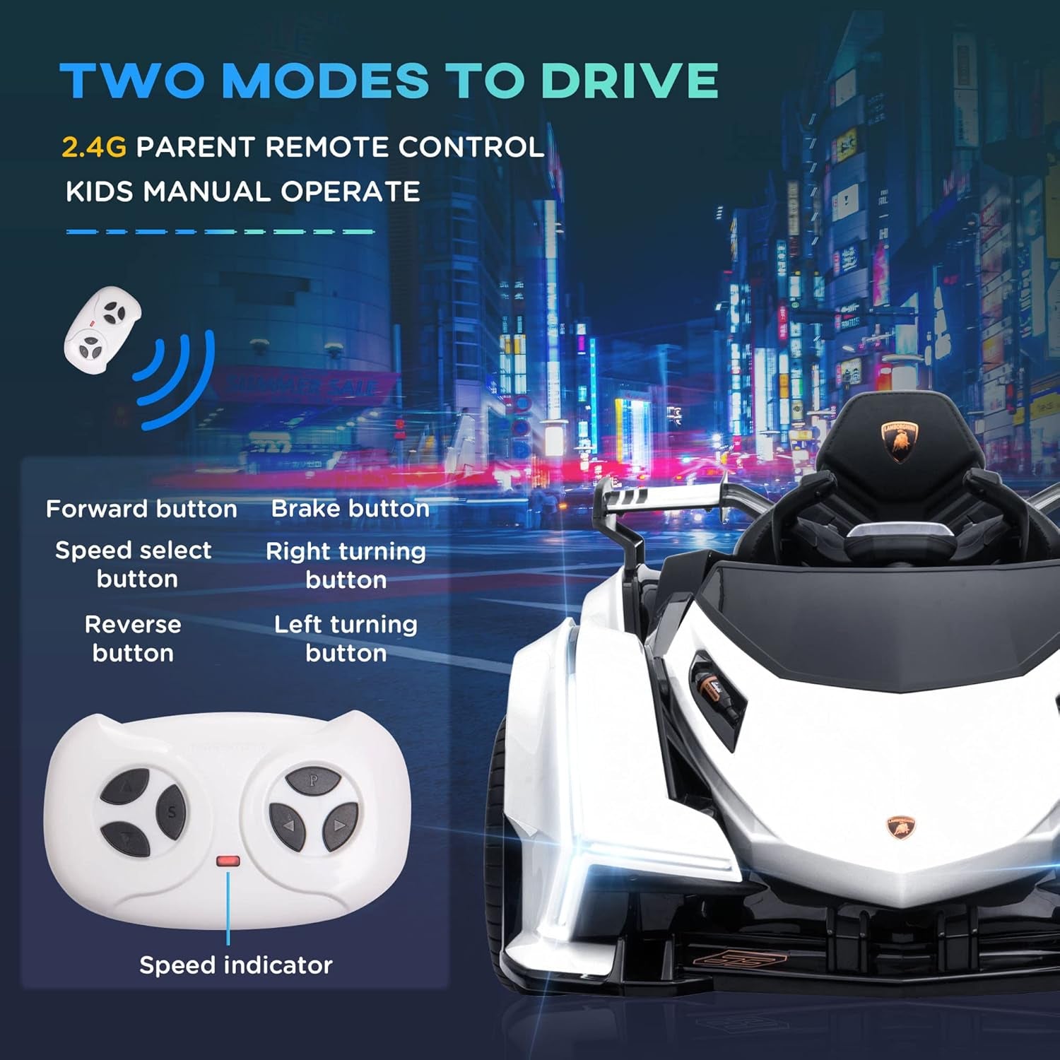 12V Electric Ride-On Car, Licensed Lamborghini V12 Vision Gran Turismo Battery-Powered Ride-On Toy with Remote Control, Music, LED Lights, for 3-6 Year Old Boys and Girls, White