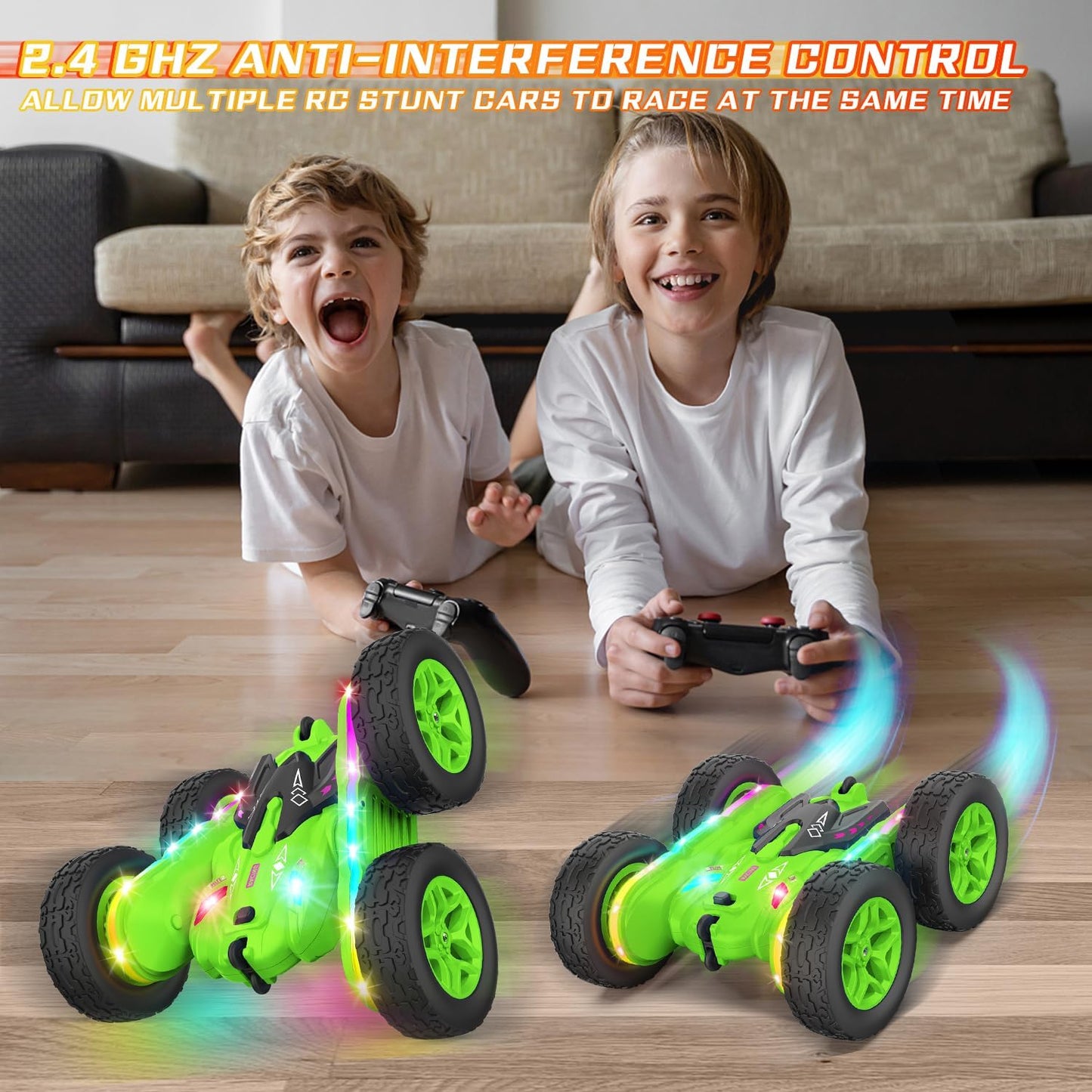 Remote Control Car, Rc Cars Stunt RC Car Toys Upgraded Strip Lights and Headlights Car Toys Double-Sided 360° Rotating 4WD Rc Drift Truck for Boys Girls Birthday Gift (Green)