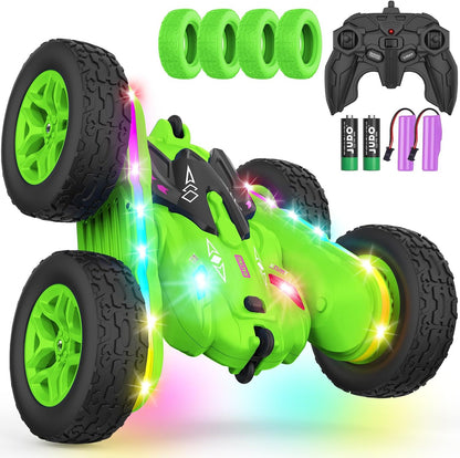 Remote Control Car, Rc Cars Stunt RC Car Toys Upgraded Strip Lights and Headlights Car Toys Double-Sided 360° Rotating 4WD Rc Drift Truck for Boys Girls Birthday Gift (Green)