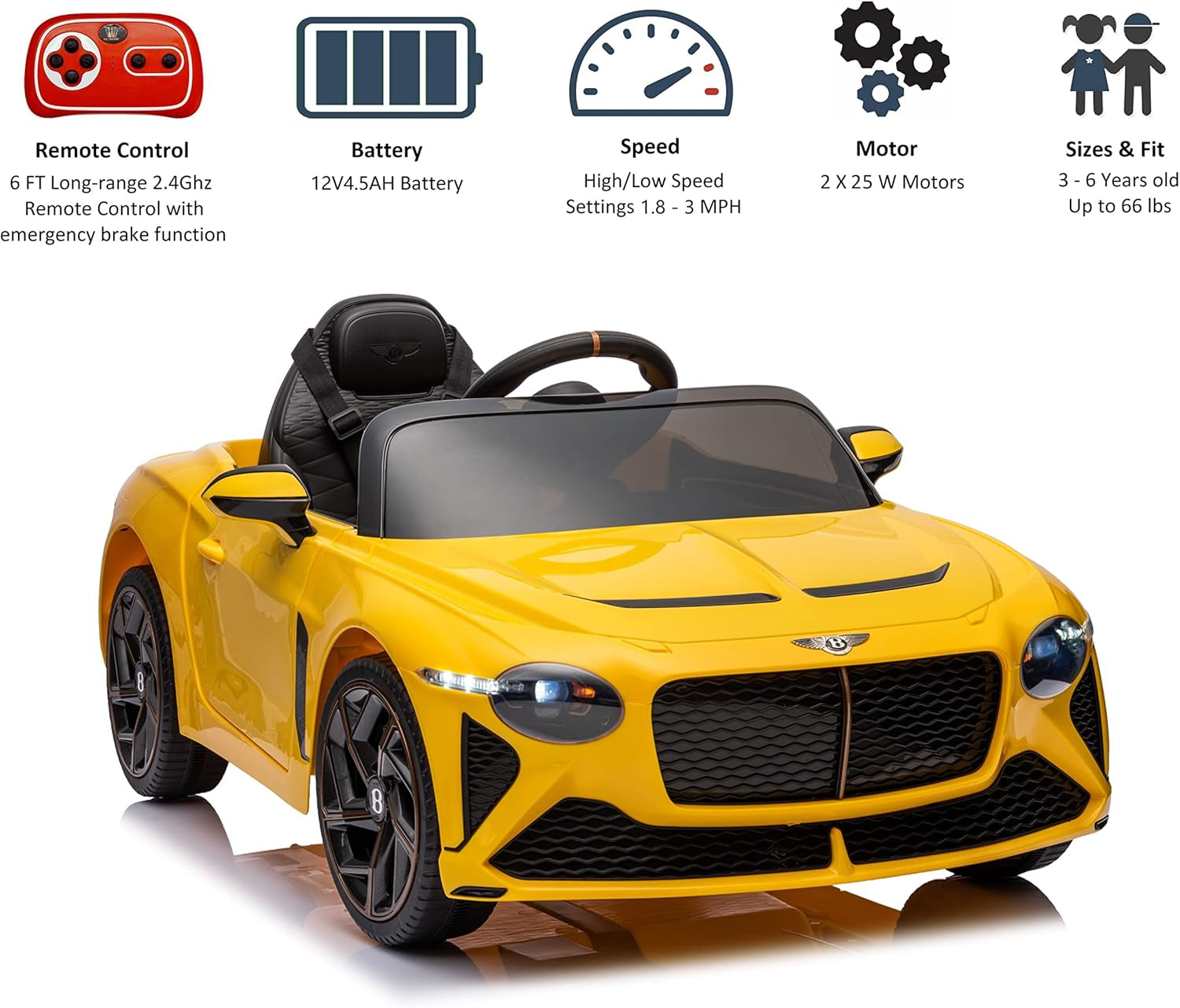Licensed Bentley Bacalar Kids Ride on Toy Car, 12V Rechargeable Battery Powered Children Electric 4 Wheels W/Parental Remote Control, Foot Pedal, 2 Speeds, Music, LED Headlights (Yellow)