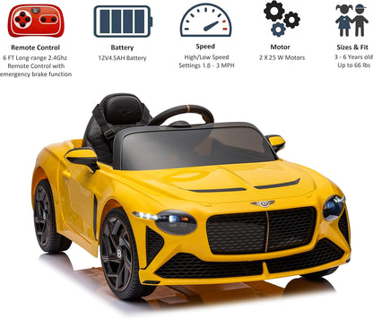 Licensed Bentley Bacalar Kids Ride on Toy Car, 12V Rechargeable Battery Powered Children Electric 4 Wheels W/Parental Remote Control, Foot Pedal, 2 Speeds, Music, LED Headlights (Yellow)