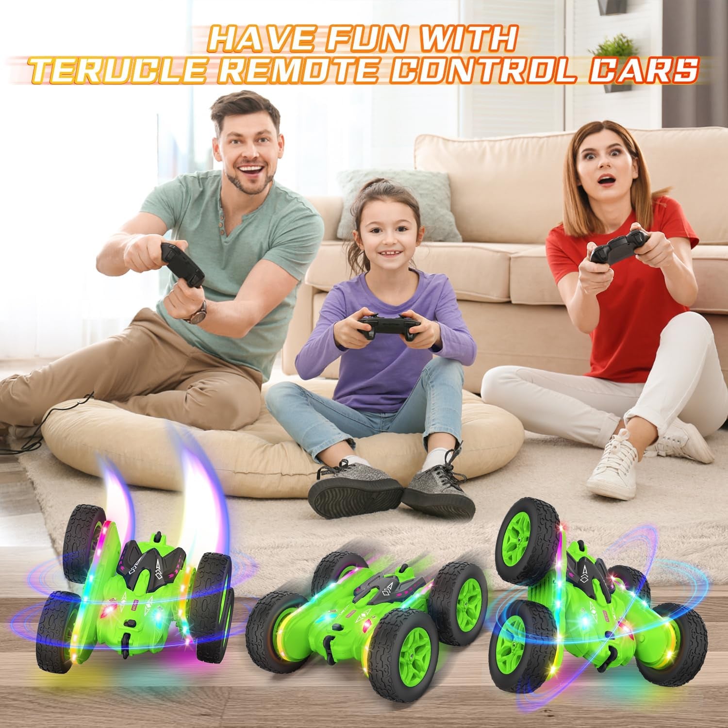 Remote Control Car, Rc Cars Stunt RC Car Toys Upgraded Strip Lights and Headlights Car Toys Double-Sided 360° Rotating 4WD Rc Drift Truck for Boys Girls Birthday Gift (Green)