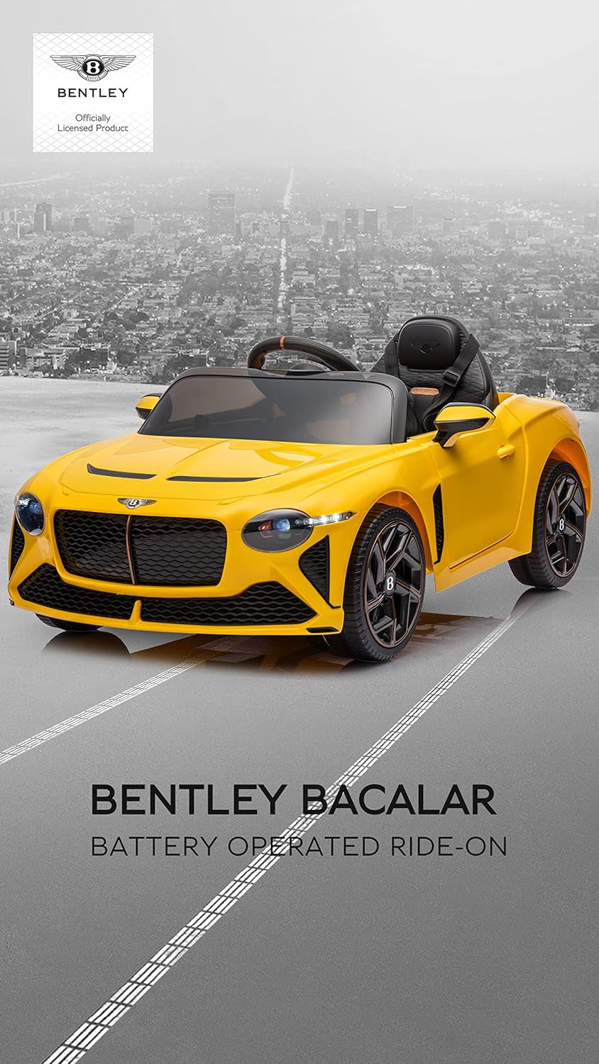 Licensed Bentley Bacalar Kids Ride on Toy Car, 12V Rechargeable Battery Powered Children Electric 4 Wheels W/Parental Remote Control, Foot Pedal, 2 Speeds, Music, LED Headlights (Yellow)