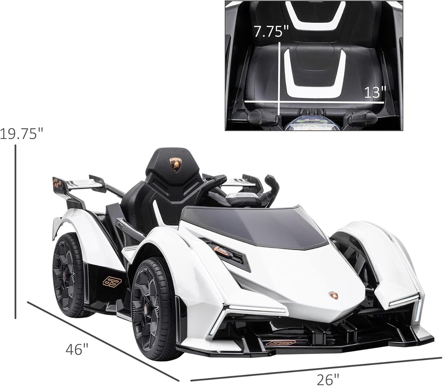 12V Electric Ride-On Car, Licensed Lamborghini V12 Vision Gran Turismo Battery-Powered Ride-On Toy with Remote Control, Music, LED Lights, for 3-6 Year Old Boys and Girls, White