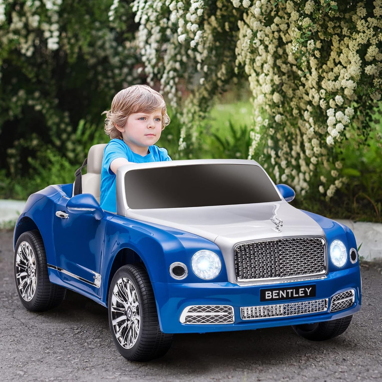 Bentley Mulsanne 12V Ride on Car, Battery Powered Car with Remote Control, Suspension, Startup Sound, LED Lights, MP3, Horn, Music, Forward and Backward, 2 Motors, Blue