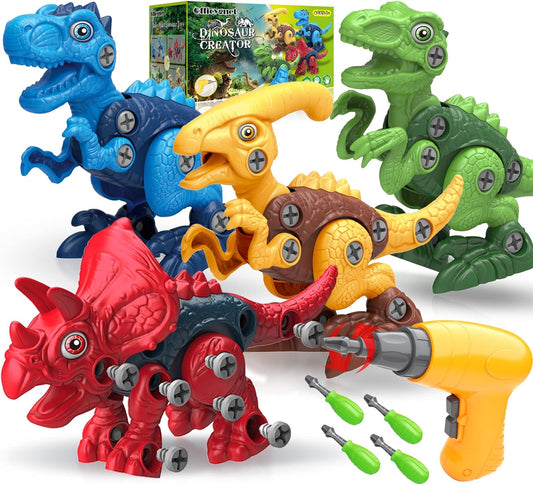 4-Pack Take-Apart Dinosaur Toys with Electric Drill – STEM Building Kit for Kids Ages 3-8