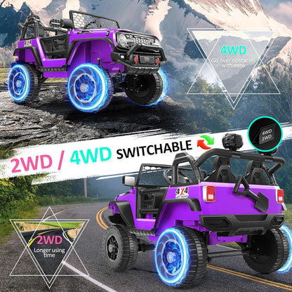 24V Two Seater Ride on Jeep Car with Remote Control, Kids Electric Vehicles, 4×100W Power Motors, 4WD/2WD Switchable, 24Volt Ride on Toys for Big Kids, Shovel, Horn/Bluetooth/Usb, Purple