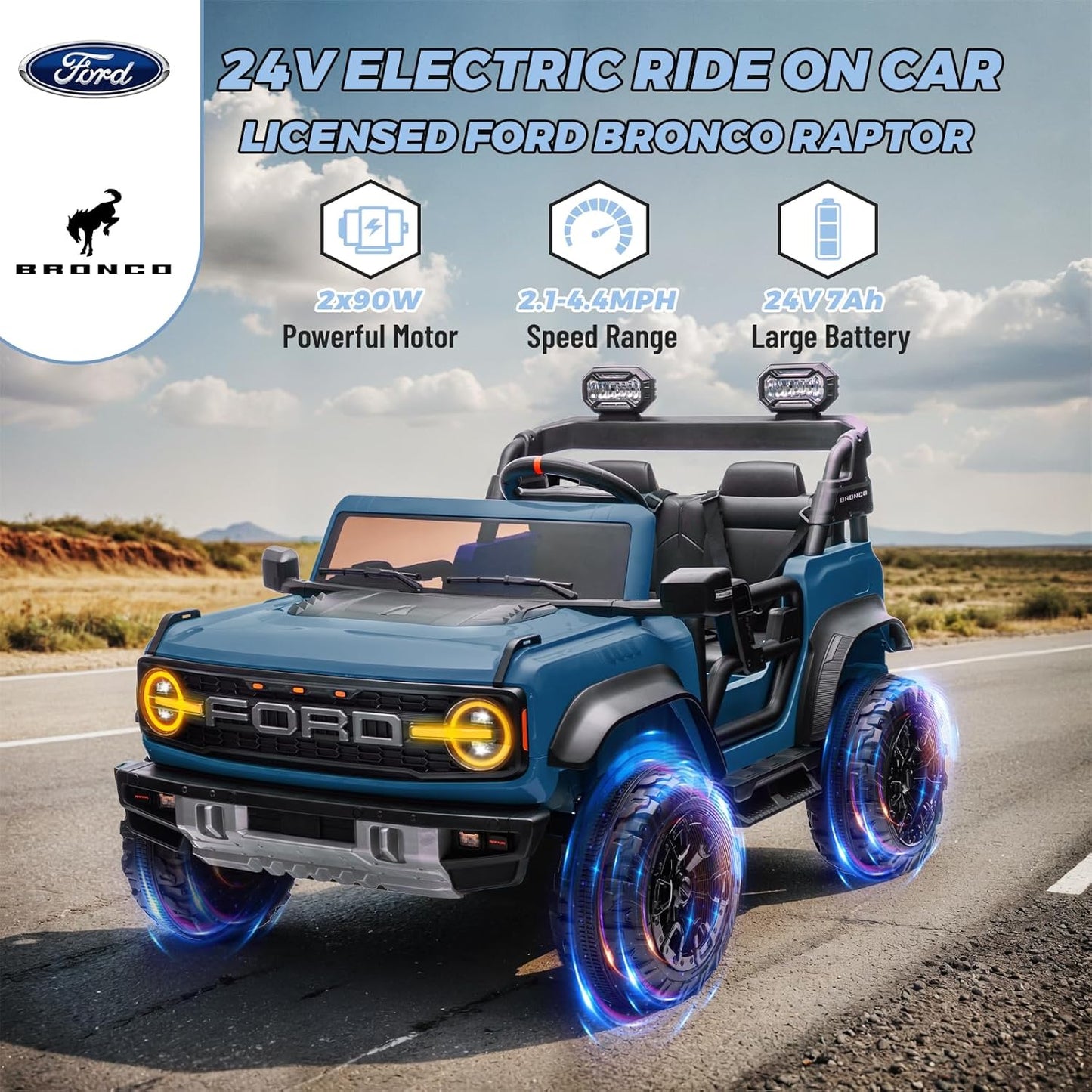 2 Seater Ride on Car for Kids, 24V Licensed Ford Bronco Raptor Electric Power Ride on Truck Toy with Remote Control, 4 Wheels Shock Absorption, Soft Start, Bluetooth, Radio, 3 Speed - Blue