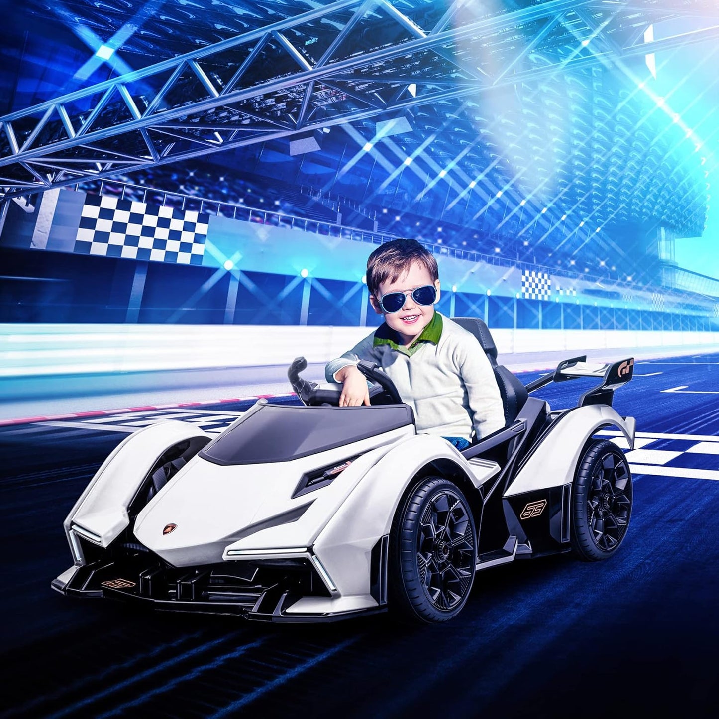 12V Electric Ride-On Car, Licensed Lamborghini V12 Vision Gran Turismo Battery-Powered Ride-On Toy with Remote Control, Music, LED Lights, for 3-6 Year Old Boys and Girls, White