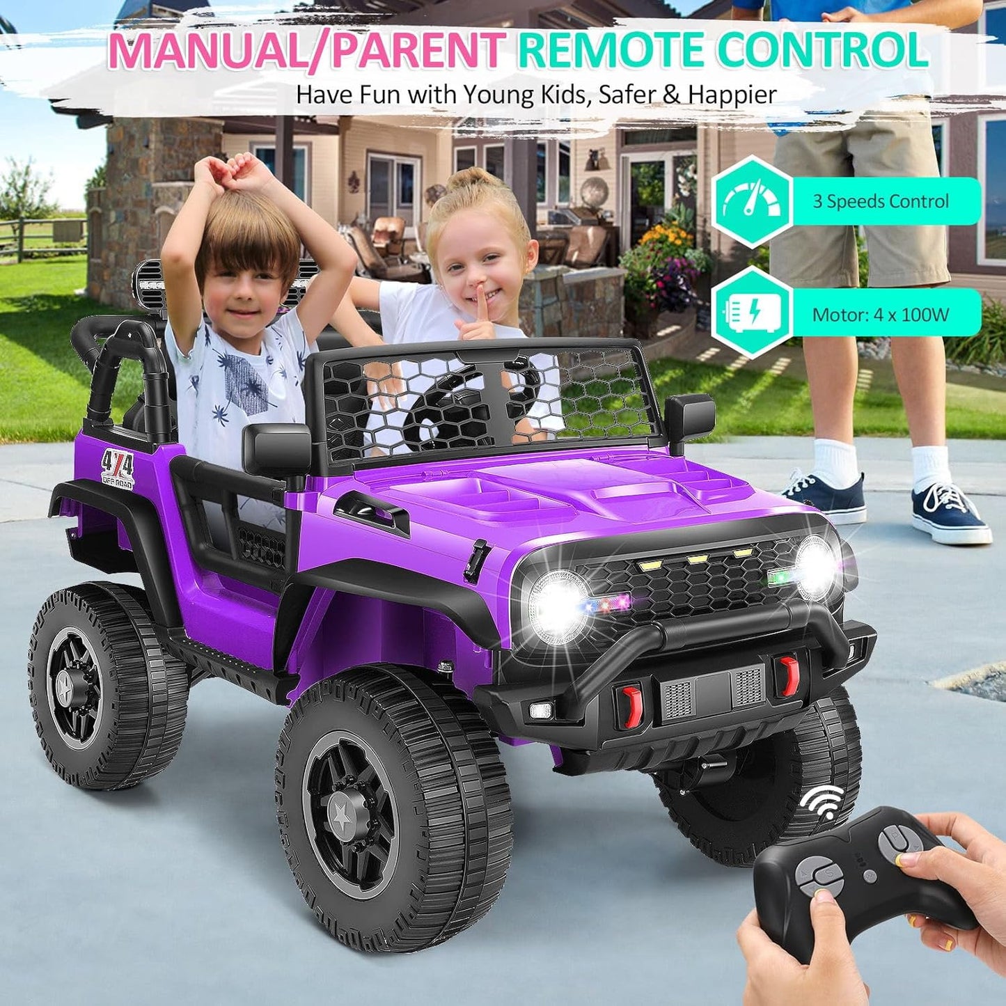 24V Two Seater Ride on Jeep Car with Remote Control, Kids Electric Vehicles, 4×100W Power Motors, 4WD/2WD Switchable, 24Volt Ride on Toys for Big Kids, Shovel, Horn/Bluetooth/Usb, Purple