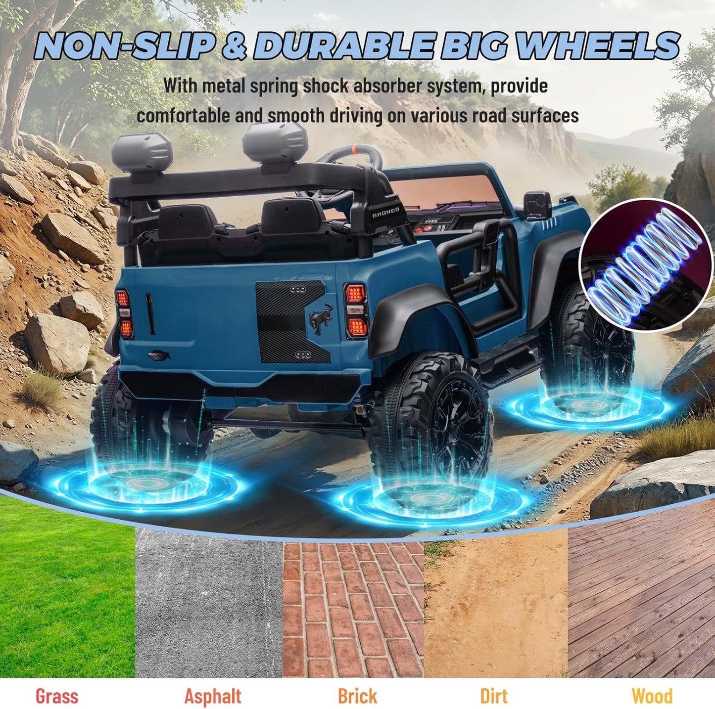 2 Seater Ride on Car for Kids, 24V Licensed Ford Bronco Raptor Electric Power Ride on Truck Toy with Remote Control, 4 Wheels Shock Absorption, Soft Start, Bluetooth, Radio, 3 Speed - Blue