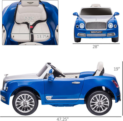 Bentley Mulsanne 12V Ride on Car, Battery Powered Car with Remote Control, Suspension, Startup Sound, LED Lights, MP3, Horn, Music, Forward and Backward, 2 Motors, Blue