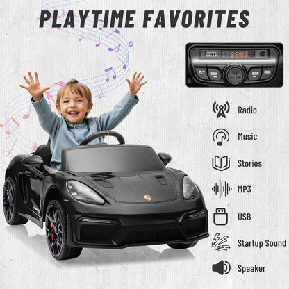 Licensed Porsche 718 12V Electric Car for Kids, Ride on Toys for Toddler, Child Ride on Car W/Parent Remote, Led Lights, Openable Doors, MP3 Player, Smooth Start, 3 Speeds (Black)