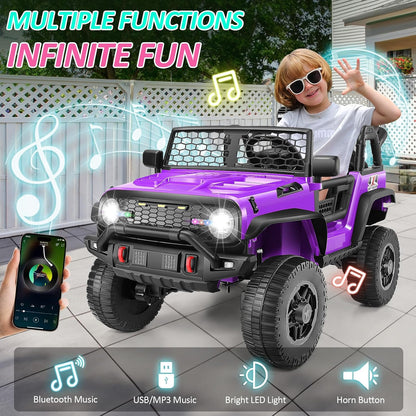 24V Two Seater Ride on Jeep Car with Remote Control, Kids Electric Vehicles, 4×100W Power Motors, 4WD/2WD Switchable, 24Volt Ride on Toys for Big Kids, Shovel, Horn/Bluetooth/Usb, Purple