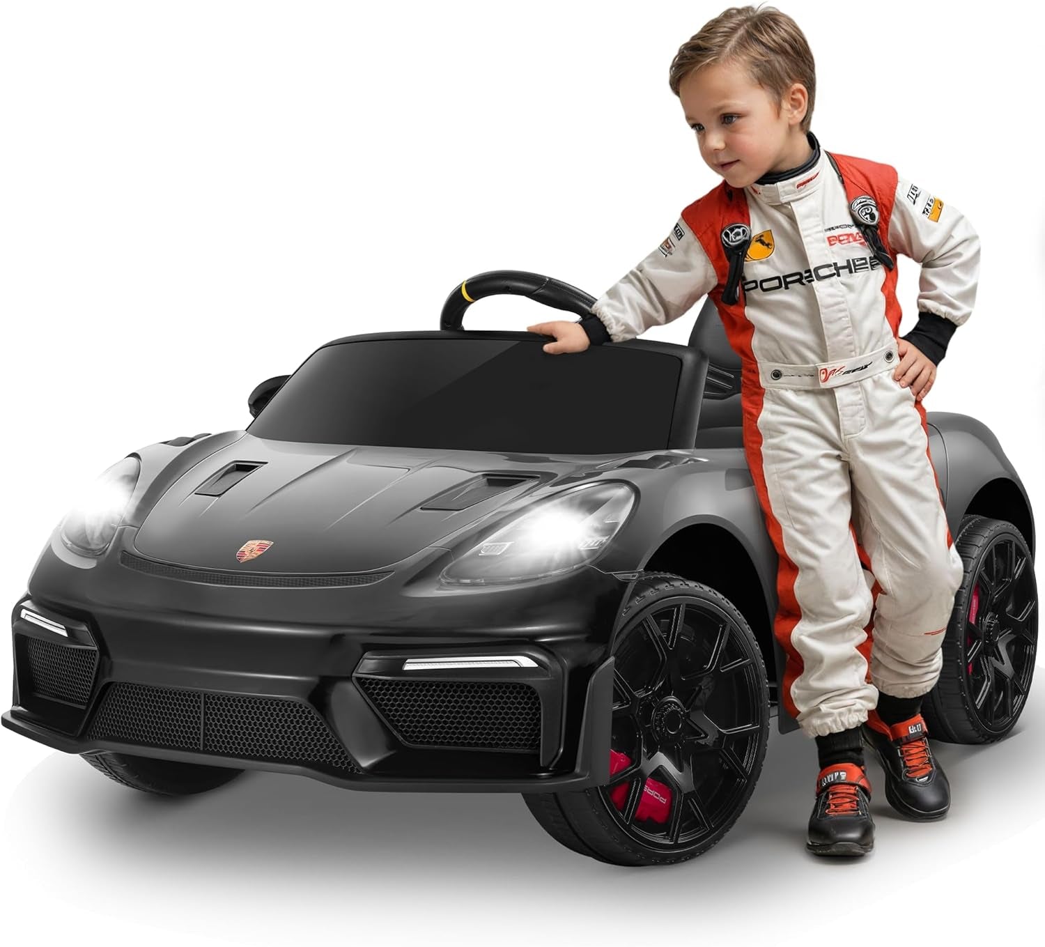 Licensed Porsche 718 12V Electric Car for Kids, Ride on Toys for Toddler, Child Ride on Car W/Parent Remote, Led Lights, Openable Doors, MP3 Player, Smooth Start, 3 Speeds (Black)