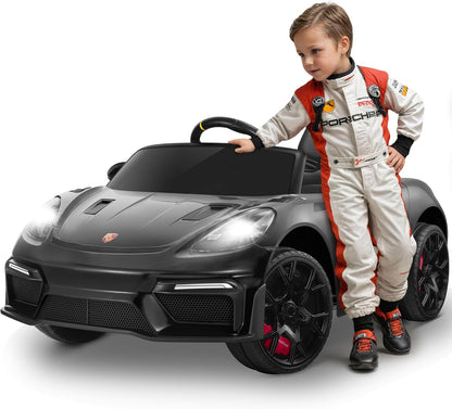 Licensed Porsche 718 12V Electric Car for Kids, Ride on Toys for Toddler, Child Ride on Car W/Parent Remote, Led Lights, Openable Doors, MP3 Player, Smooth Start, 3 Speeds (Black)