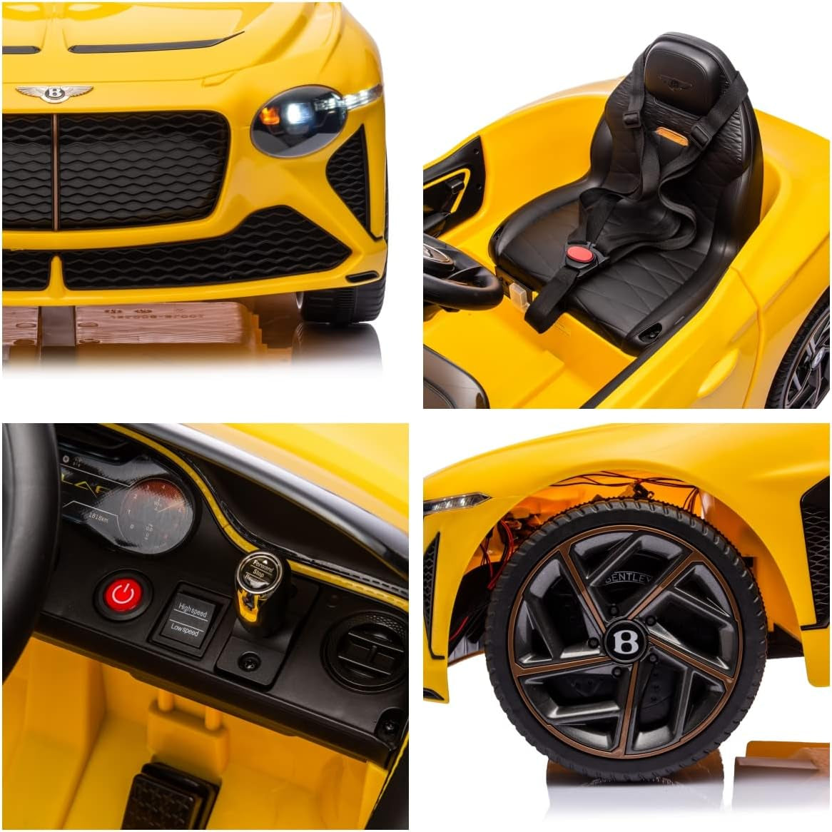 Licensed Bentley Bacalar Kids Ride on Toy Car, 12V Rechargeable Battery Powered Children Electric 4 Wheels W/Parental Remote Control, Foot Pedal, 2 Speeds, Music, LED Headlights (Yellow)