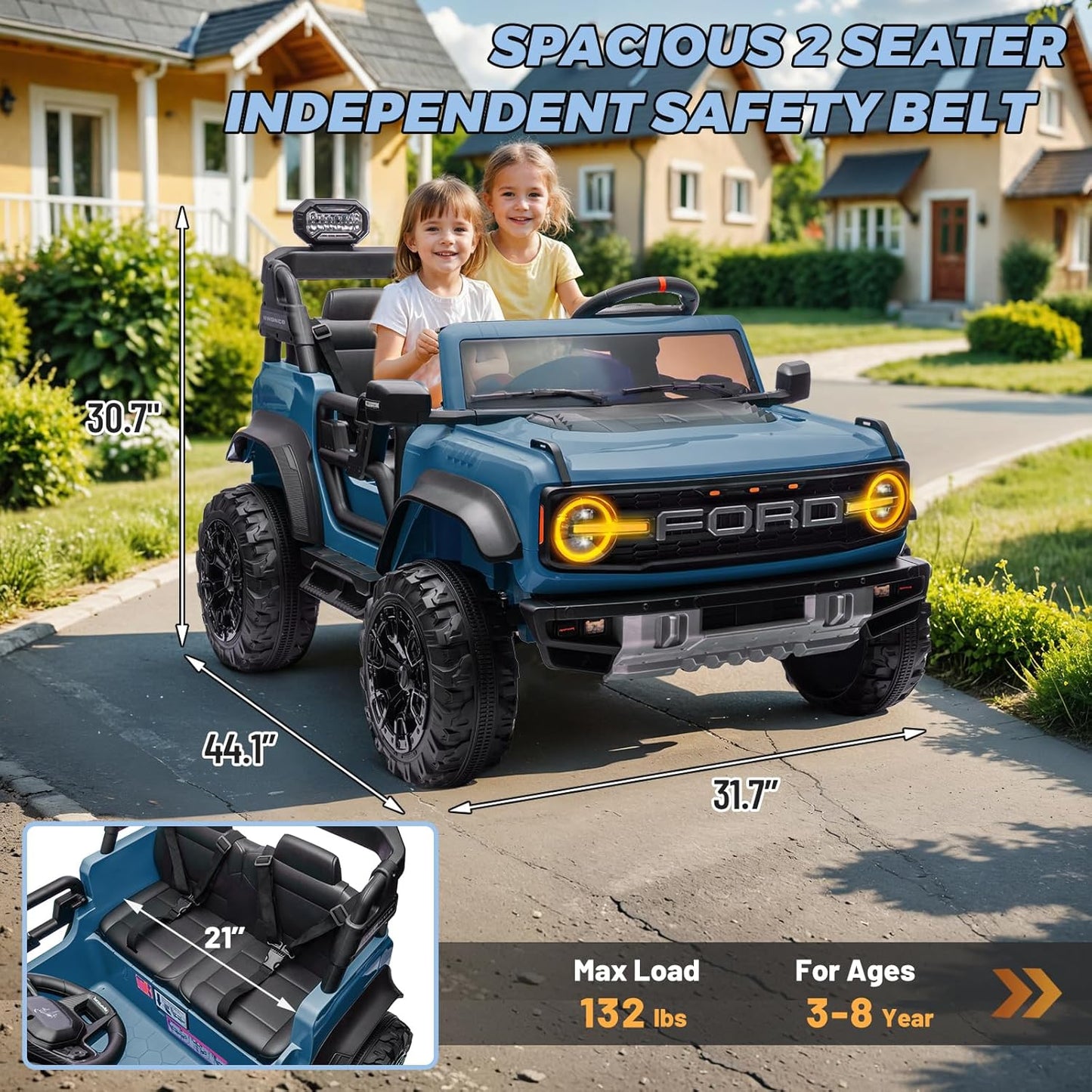 2 Seater Ride on Car for Kids, 24V Licensed Ford Bronco Raptor Electric Power Ride on Truck Toy with Remote Control, 4 Wheels Shock Absorption, Soft Start, Bluetooth, Radio, 3 Speed - Blue